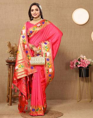 pink woven design zari silk blend paithani saree 4