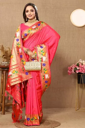 pink woven design zari silk blend paithani saree