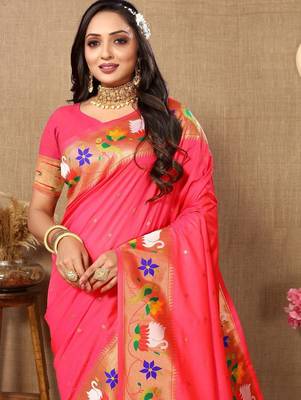 pink woven design zari silk blend paithani saree 5