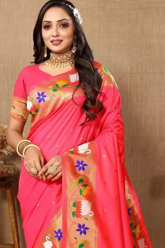 pink woven design zari silk blend paithani saree