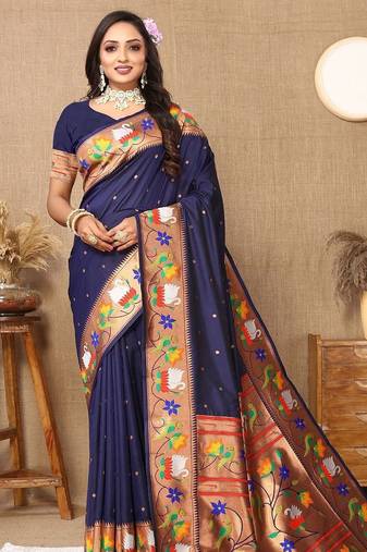 navy_blue woven design zari silk blend paithani saree