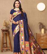 navy_blue woven design zari silk blend paithani saree