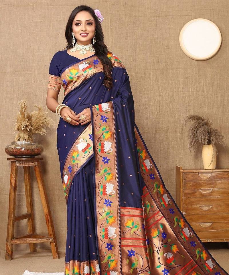 navy_blue woven design zari silk blend paithani saree
