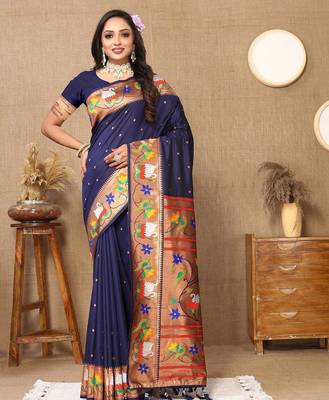 navy_blue woven design zari silk blend paithani saree 2