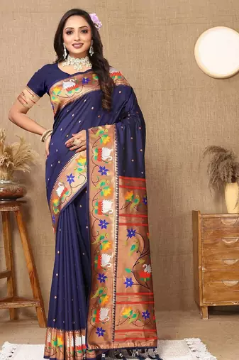 navy_blue woven design zari silk blend paithani saree
