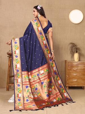 navy_blue woven design zari silk blend paithani saree 3
