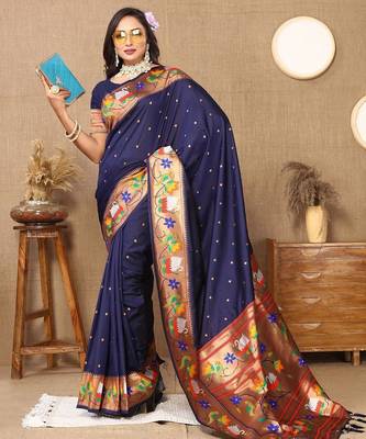 navy_blue woven design zari silk blend paithani saree 4