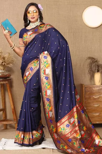 navy_blue woven design zari silk blend paithani saree