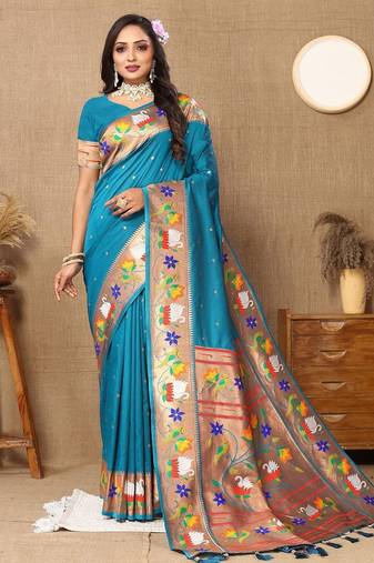 blue woven design zari paithani saree