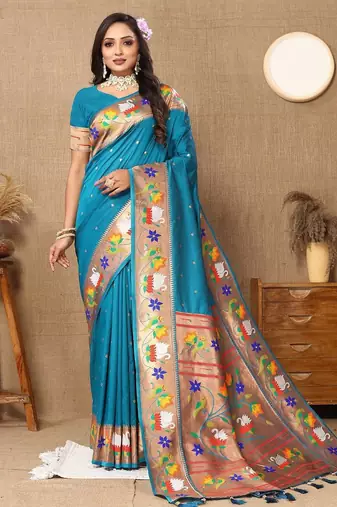blue woven design zari paithani saree