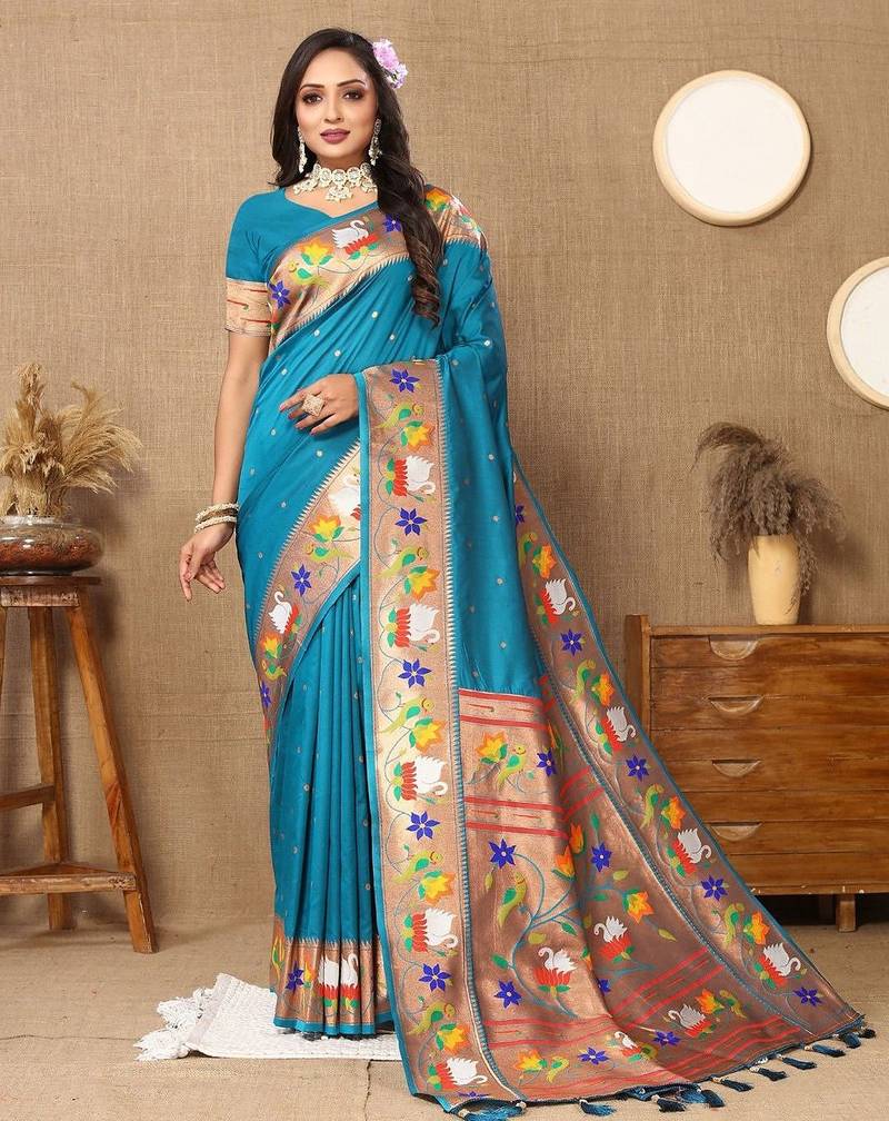 blue woven design zari paithani saree
