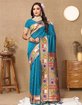 blue woven design zari paithani saree 2