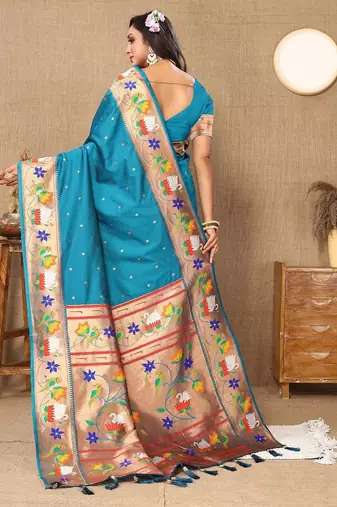 blue woven design zari paithani saree