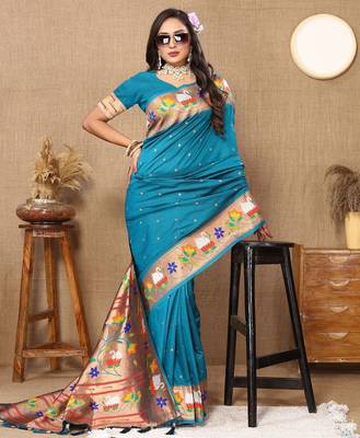 blue woven design zari paithani saree 4