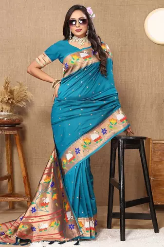 blue woven design zari paithani saree