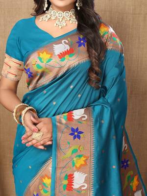 blue woven design zari paithani saree 5