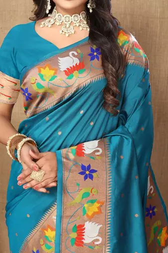 blue woven design zari paithani saree