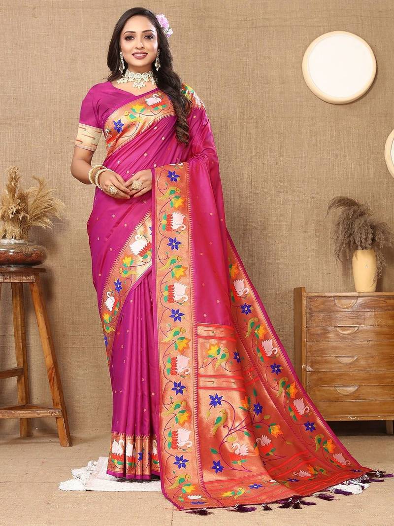 magenta woven design zari silk blend paithani saree