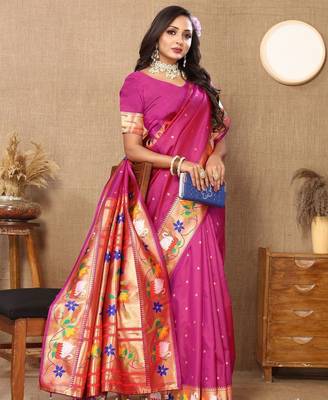 magenta woven design zari silk blend paithani saree 2