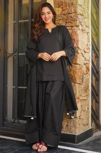 Women's black plain cotton kurta set with patiala pant and dupatta