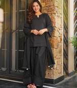Women's black plain cotton kurta set with patiala pant and dupatta