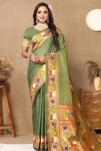 green ethnic motifs woven design zari paithani saree