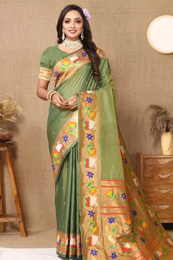 green ethnic motifs woven design zari paithani saree