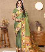 green ethnic motifs woven design zari paithani saree