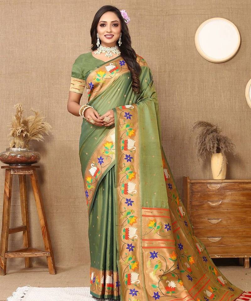 green ethnic motifs woven design zari paithani saree