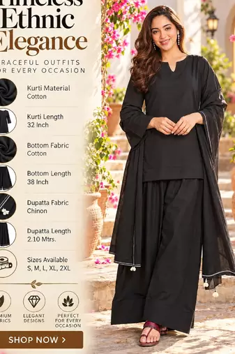 Women's black plain cotton kurta set with patiala pant and dupatta
