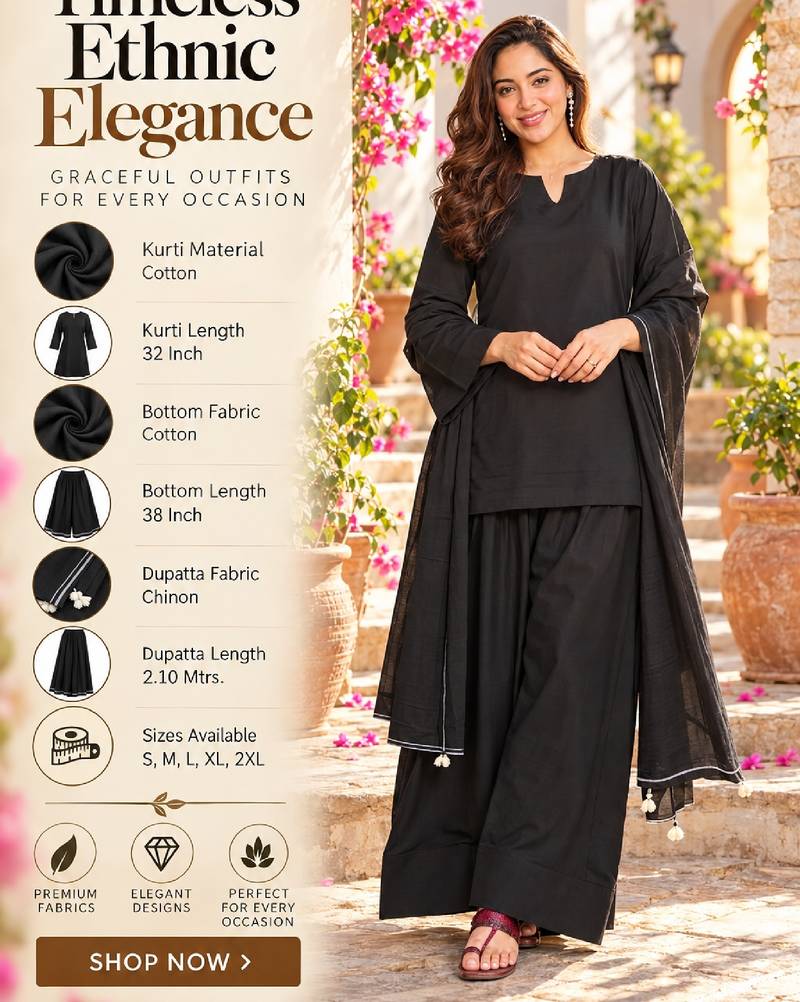 Women's black plain cotton kurta set with patiala pant and dupatta
