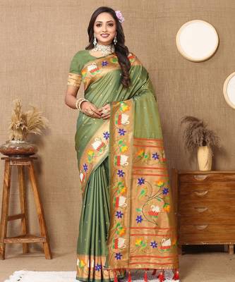 green ethnic motifs woven design zari paithani saree 2