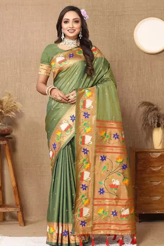 green ethnic motifs woven design zari paithani saree