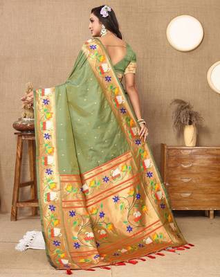 green ethnic motifs woven design zari paithani saree 3