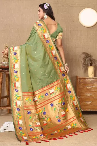 green ethnic motifs woven design zari paithani saree
