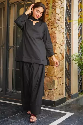 Women's black plain cotton kurta set with patiala pant and dupatta
