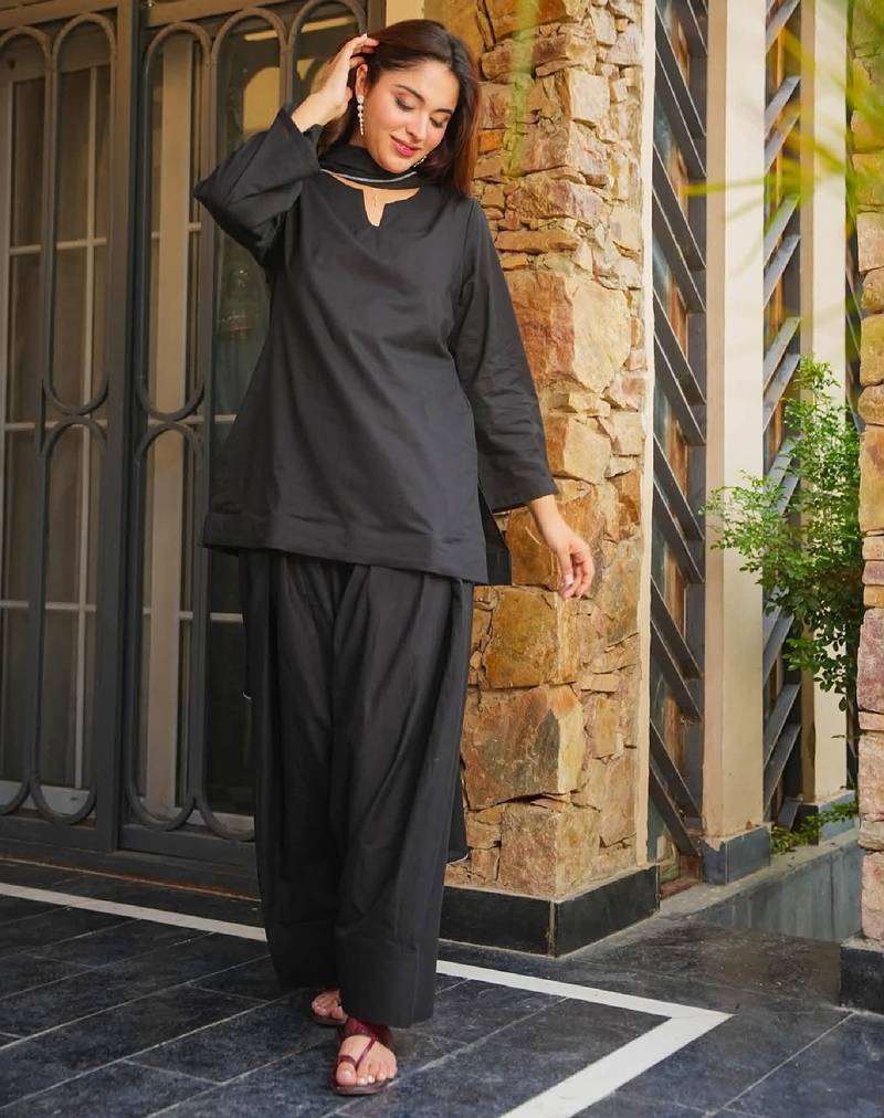 Women's black plain cotton kurta set with patiala pant and dupatta