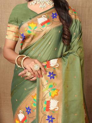 green ethnic motifs woven design zari paithani saree 5