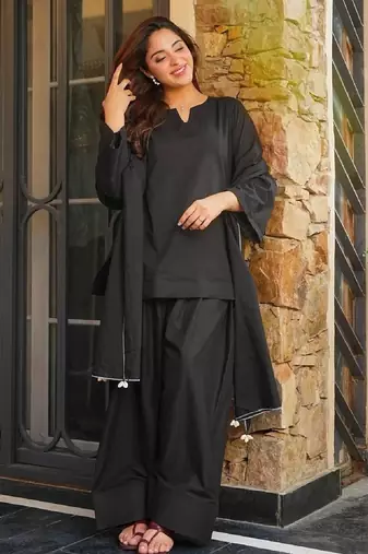 Women's black plain cotton kurta set with patiala pant and dupatta