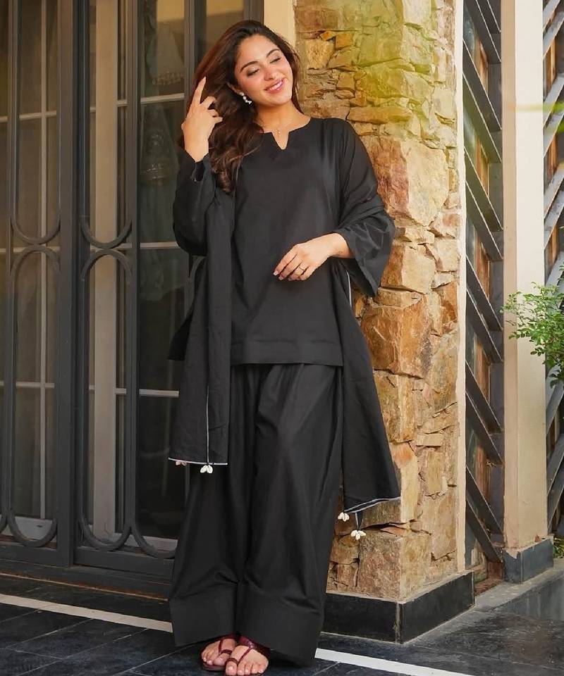 Women's black plain cotton kurta set with patiala pant and dupatta