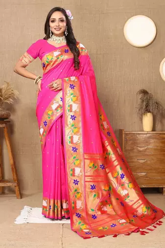 pink woven design zari silk blend paithani saree