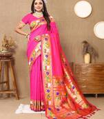 pink woven design zari silk blend paithani saree