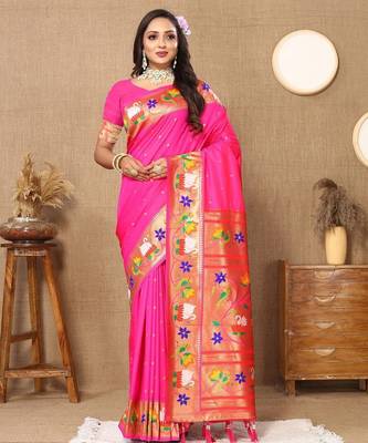 pink woven design zari silk blend paithani saree 2
