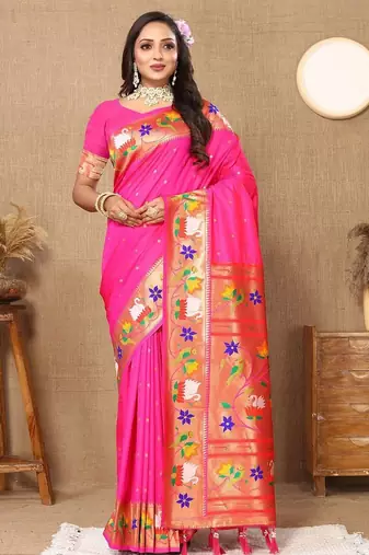 pink woven design zari silk blend paithani saree