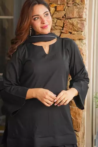 Women's black plain cotton kurta set with patiala pant and dupatta
