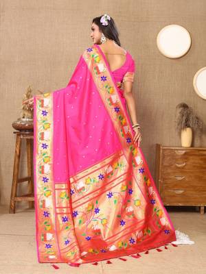 pink woven design zari silk blend paithani saree 3