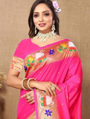 pink woven design zari silk blend paithani saree 5