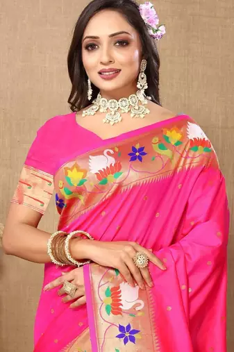 pink woven design zari silk blend paithani saree