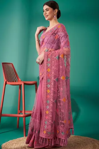 pink ethnic motifs embroidered net heavy work saree