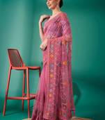 pink ethnic motifs embroidered net heavy work saree